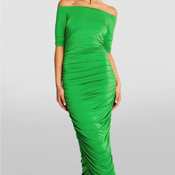 L'agence Sequoia Bodycon Dress Women's Green Ruched Midi Half Sleeve spring - Picture 5 of 6